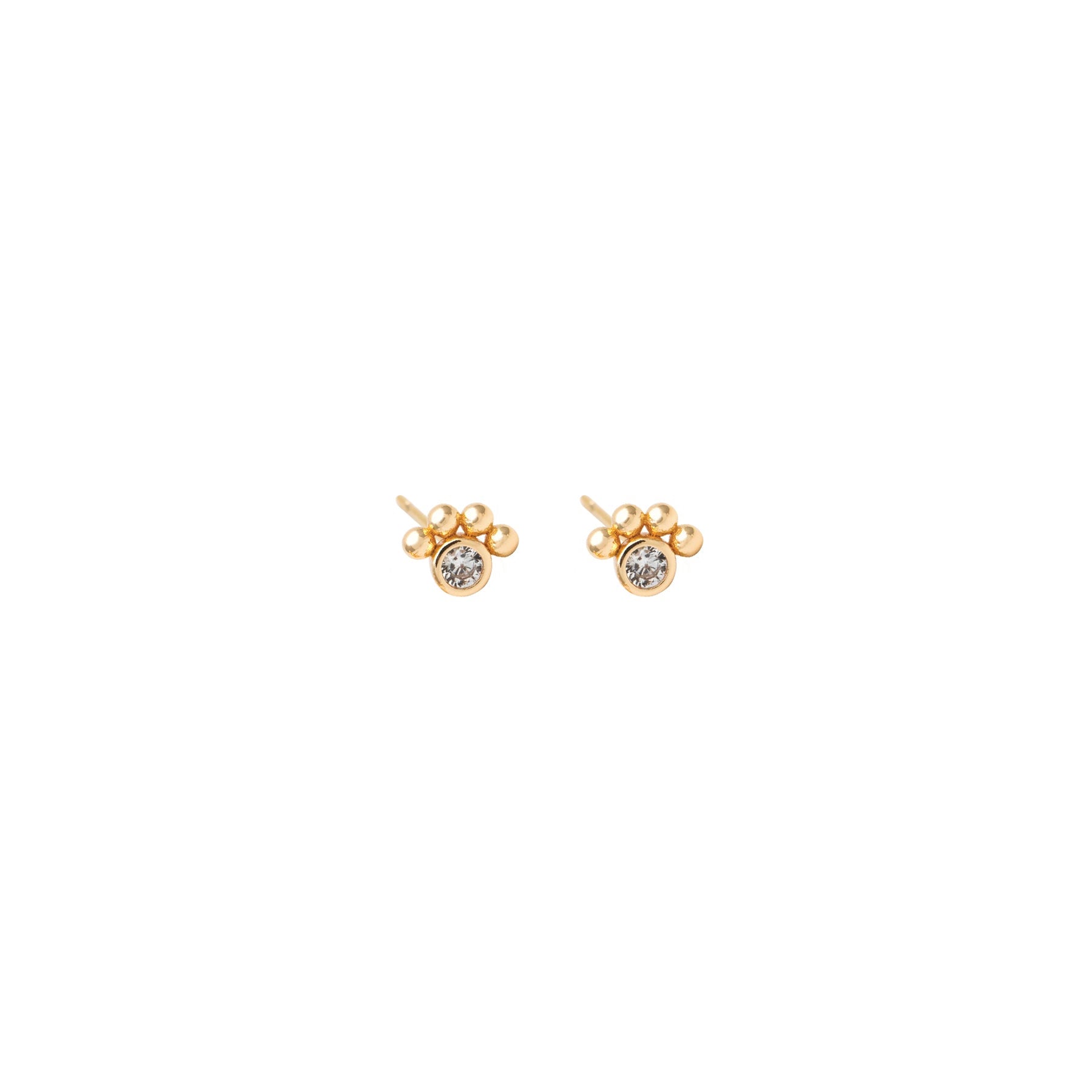 Boucles d'oreilles à tiges, zircons et quatre petite boules dorées sur le dessus