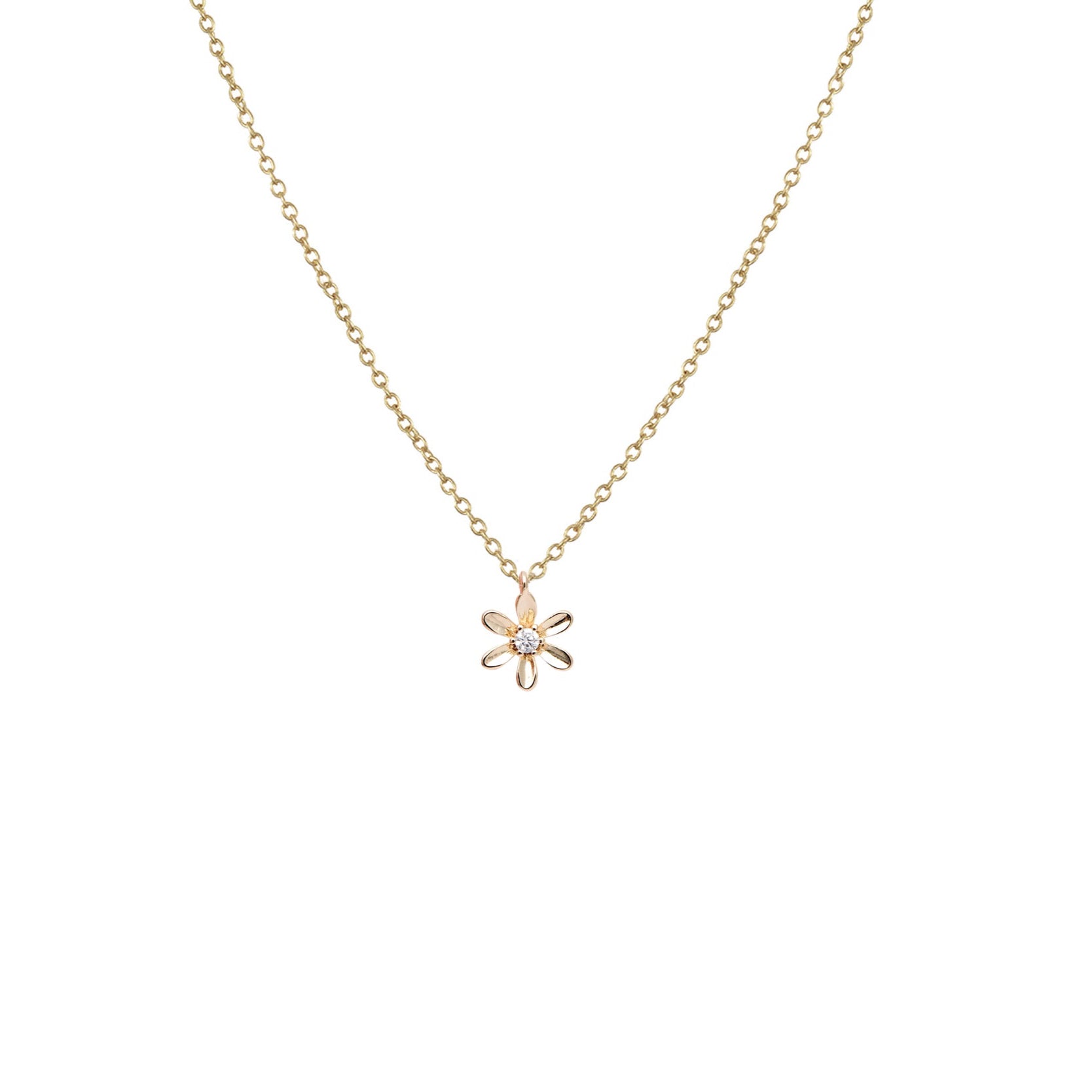 Collier or avec pendentif de petite marguerite dorée et zircon cubique au milieu