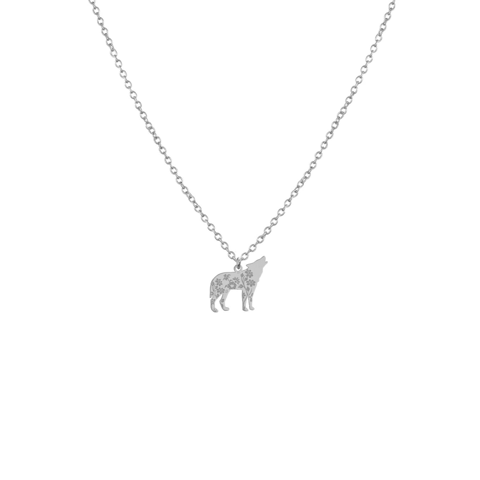 Collier pendentif de loup argent avec gravures fleuries