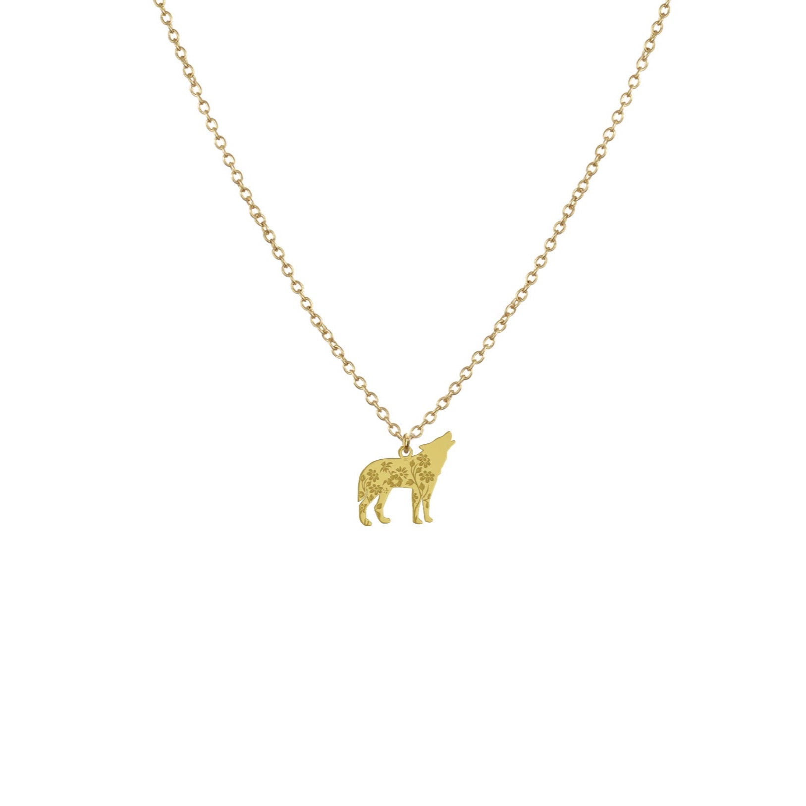 Collier pendentif de loup or avec gravures fleuries