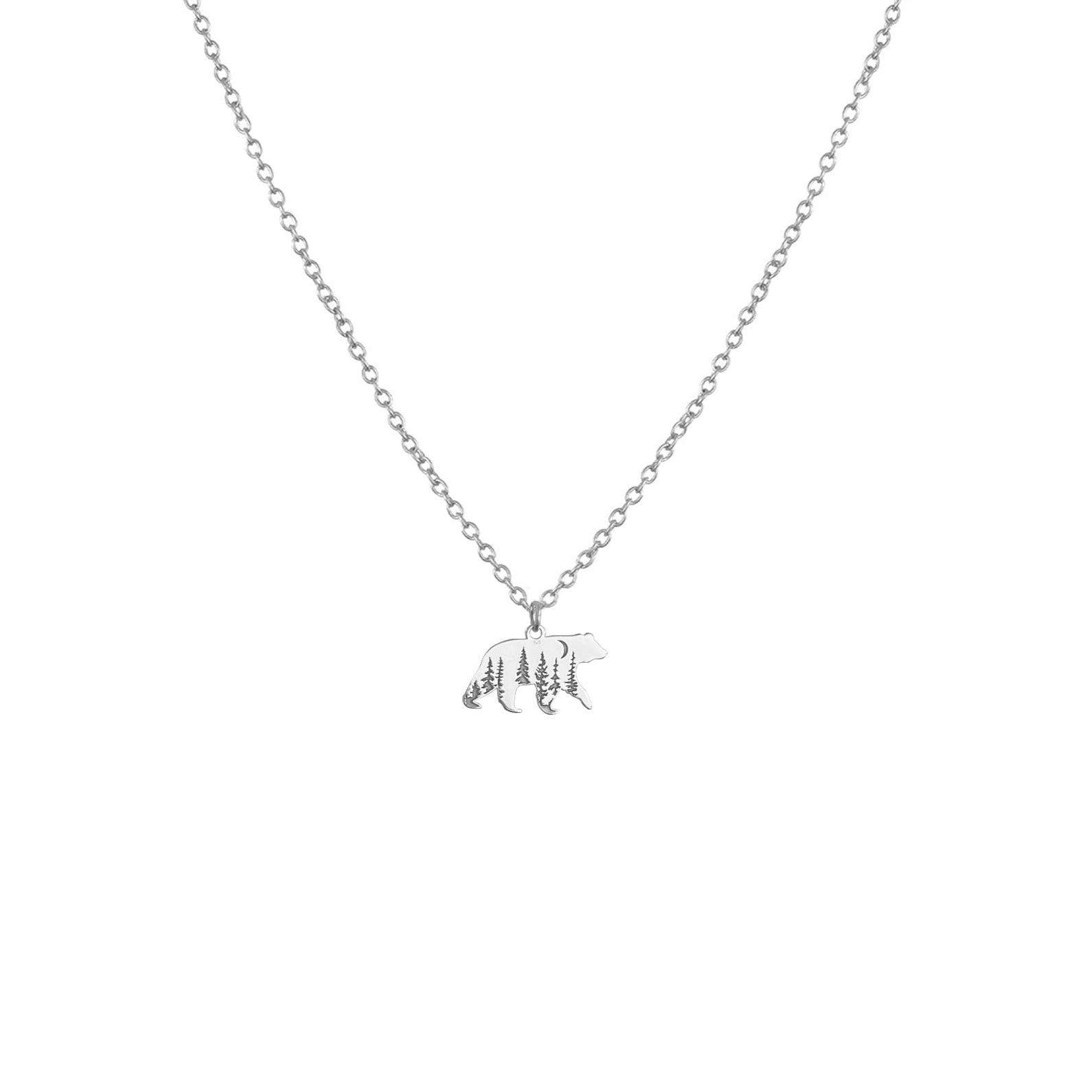 Collier pendentif d'ours argent avec gravures de forêt